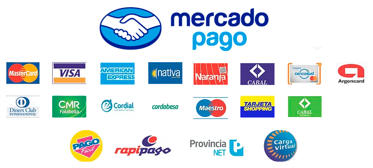 Medios de pago aceptados: Mercado Pago, MasterCard, Visa, American Express, Nativa, Naranja, Cabal, Cencosud, Argencard, Diners Club, CMR Falabella, Cordial, Cordobesa, Maestro, Tarjeta Shopping, Cabal Débito, Pago Fácil, Rapipago, Provincia NET, Carga Virtual